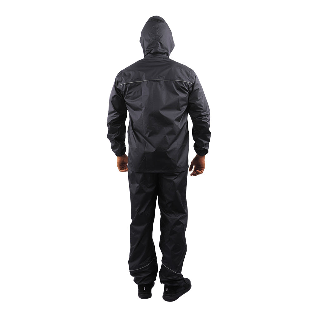 Back view of the hood on the black STRATUS rainwear jacket showing protective coverage and design.