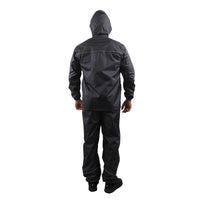 Back view of the hood on the black STRATUS rainwear jacket showing protective coverage and design.