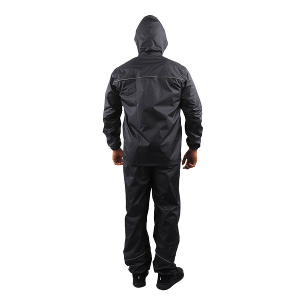 Back view of the hood on the black STRATUS rainwear jacket showing protective coverage and design.