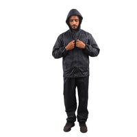 Front view of the adjustable hood on the black STRATUS rainwear jacket.