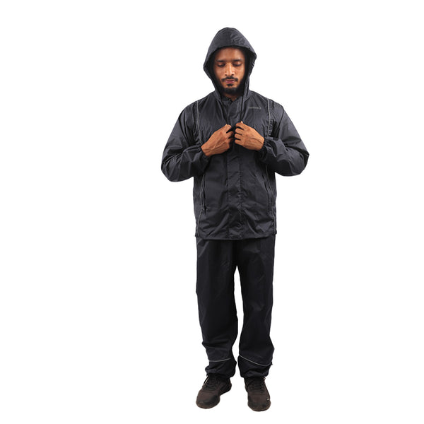 Front view of the adjustable hood on the black STRATUS rainwear jacket.