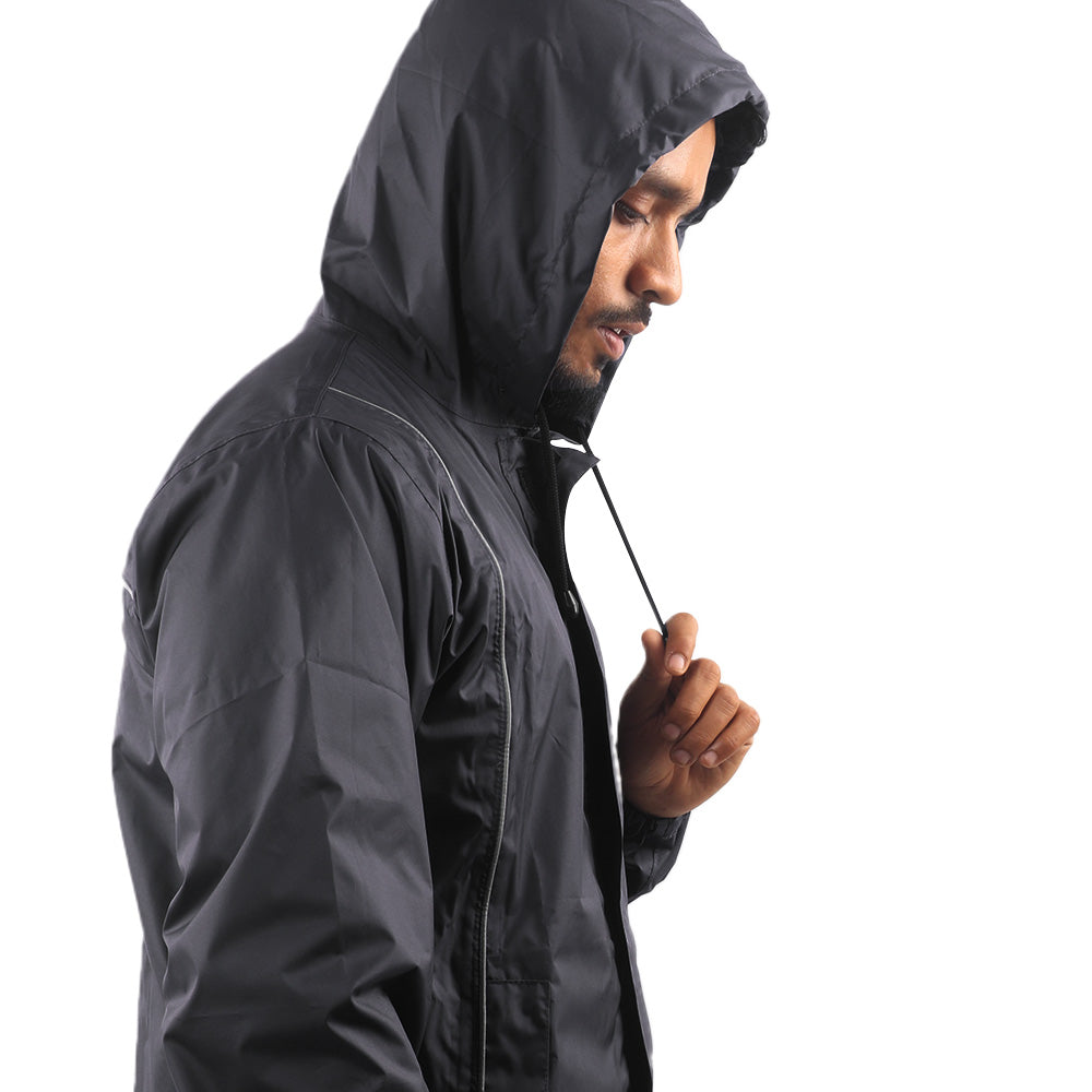 Side view of the adjustable hood on the black STRATUS rainwear jacket.