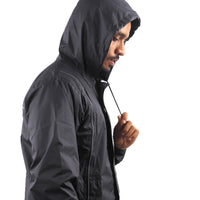 Side view of the adjustable hood on the black STRATUS rainwear jacket.