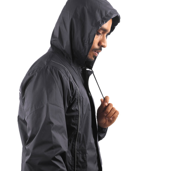 Side view of the adjustable hood on the black STRATUS rainwear jacket.