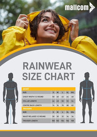 Size chart for the black STRATUS rainwear suit showing available sizes and garment measurements.