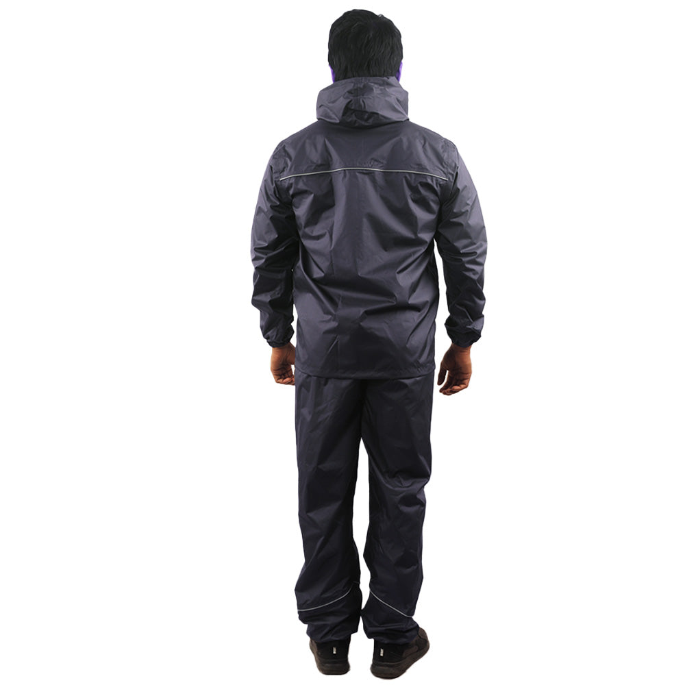 Back view of the navy blue STRATUS rainwear suit showcasing reflective detailing and waterproof construction.