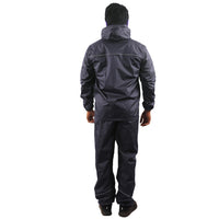 Back view of the navy blue STRATUS rainwear suit showcasing reflective detailing and waterproof construction.