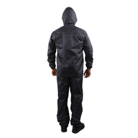 Back view of the hood on the navy blue STRATUS rainwear jacket showing protective coverage and design.