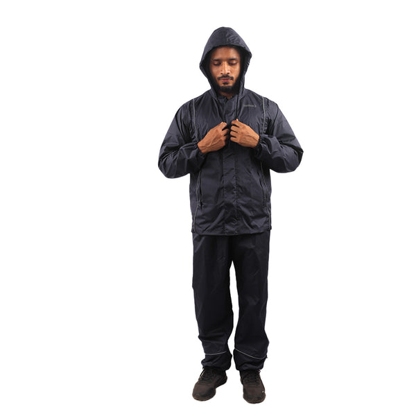 Front view of the adjustable hood on the navy blue STRATUS rainwear jacket.