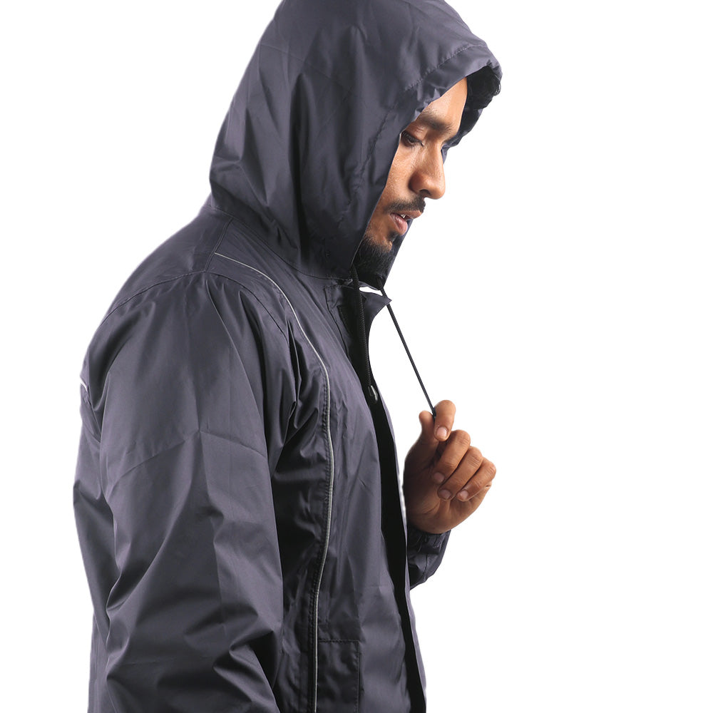 Side view of the adjustable hood on the navy blue STRATUS rainwear jacket.