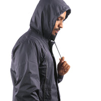 Side view of the adjustable hood on the navy blue STRATUS rainwear jacket.