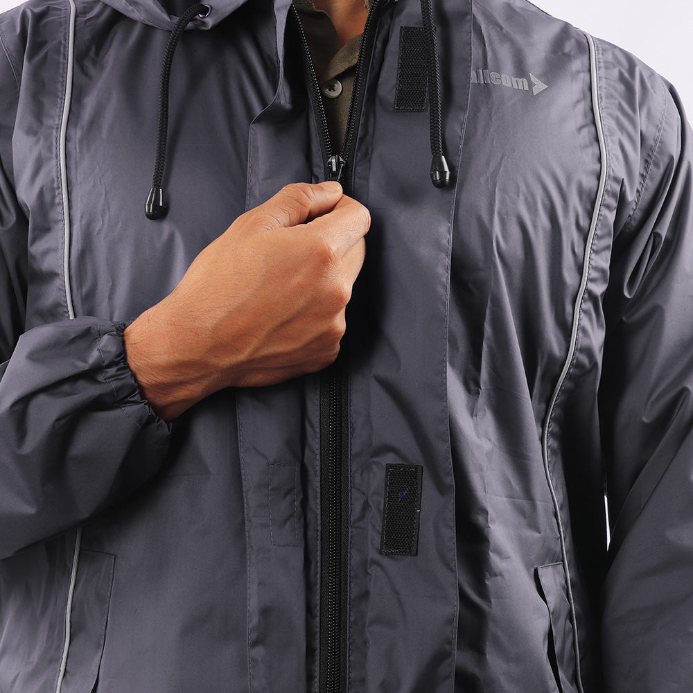 Front zipper closure on the navy blue STRATUS rainwear jacket for secure fastening and easy wear.