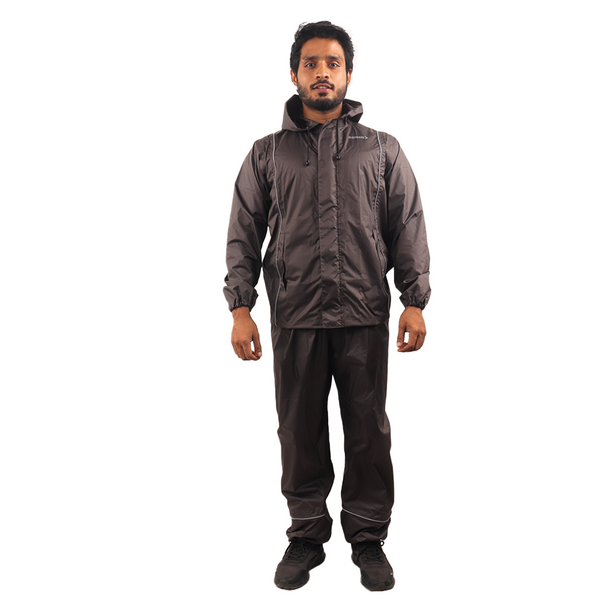 STRATUS rainwear suit in grey with waterproof protection, reflective detailing, and a hooded jacket and pant set.