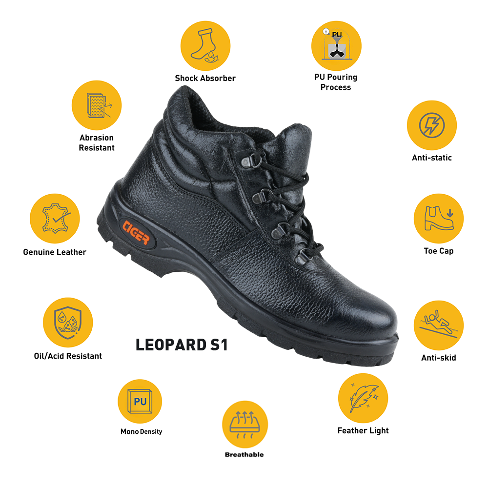 Mallcom Tiger Leopard S1 EN ISO 20345 Certified High Ankle Safety Shoes | Steel Toe PU Sole I Anti-Slip Industrial Work Shoes