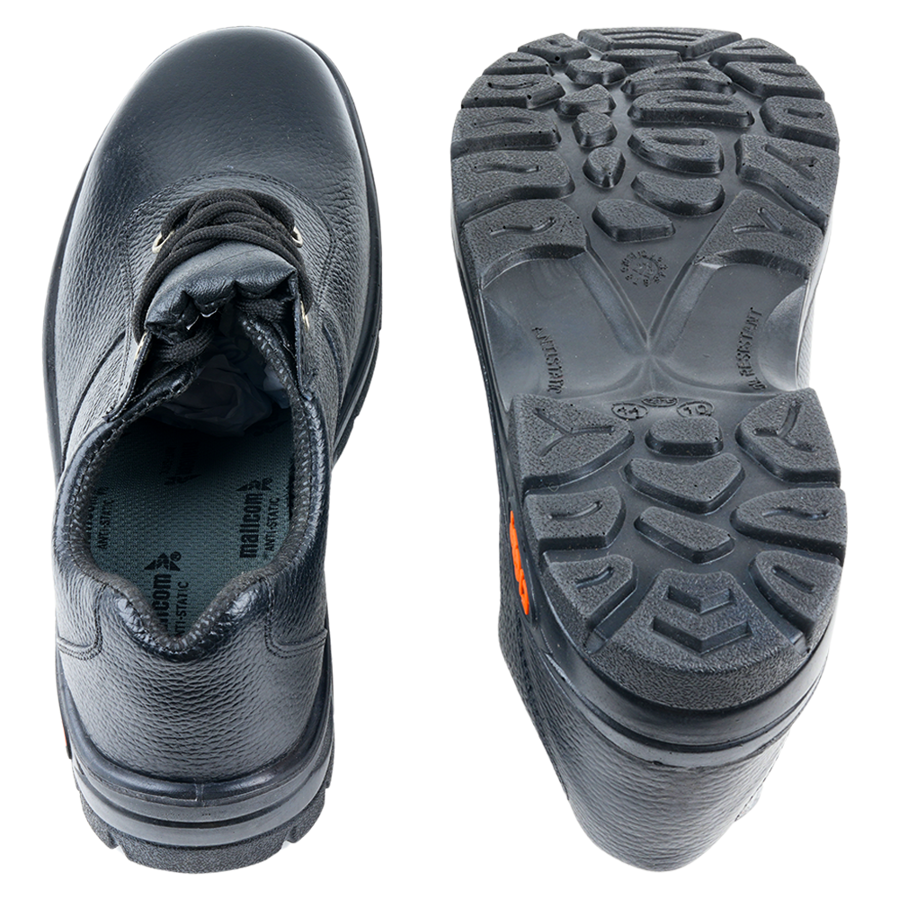 Rear heel view of Mallcom Lorex safety shoes with energy absorbing heel support