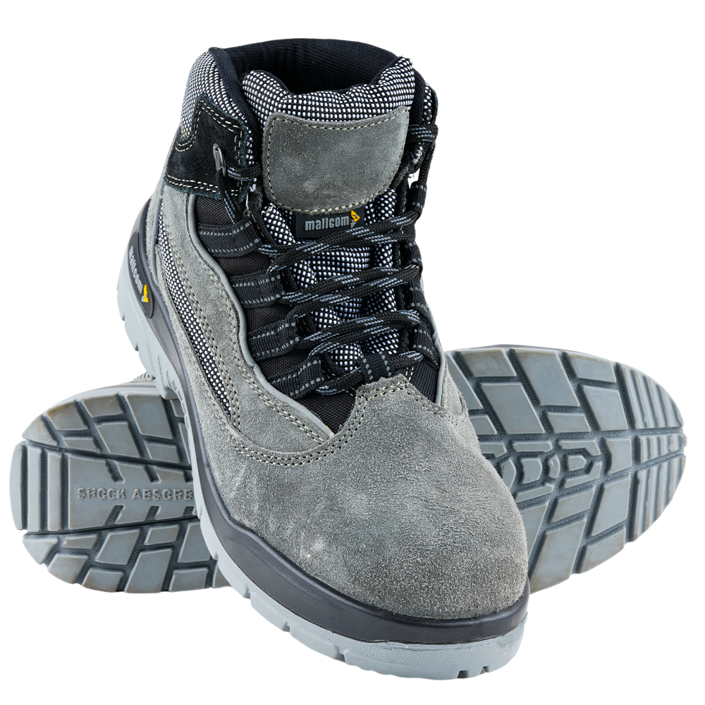 Front view of Manxsuede safety shoes with split suede leather upper, lace-up design, and steel toe protection.