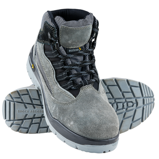 Front view of Manxsuede safety shoes with split suede leather upper, lace-up design, and steel toe protection.