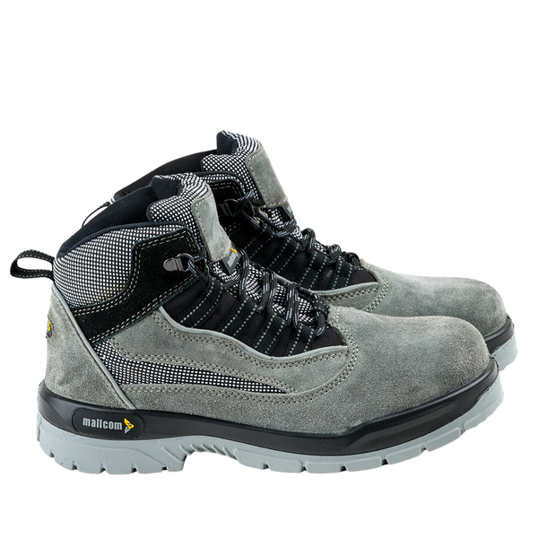 Pair of Manxsuede safety shoes featuring a split suede leather upper, steel toe protection, and PU sole.