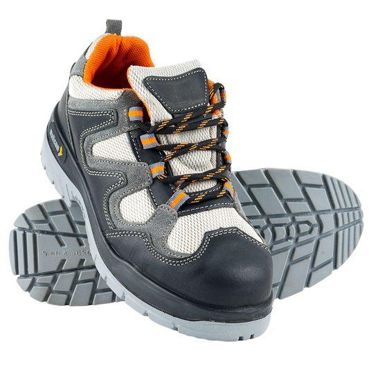 Front view of Margay low ankle safety shoes with lace-up closure and protective steel toe design.