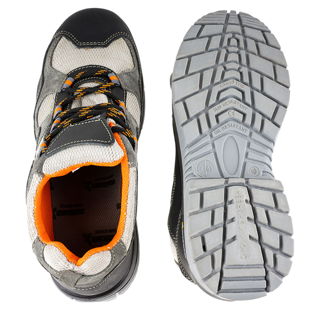 Outsole view of Margay low ankle safety shoes showing the slip-resistant tread pattern and durable PU sole design.