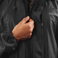 Front zipper closure on the black NIMBUS rainwear jacket for secure fastening and easy wear.