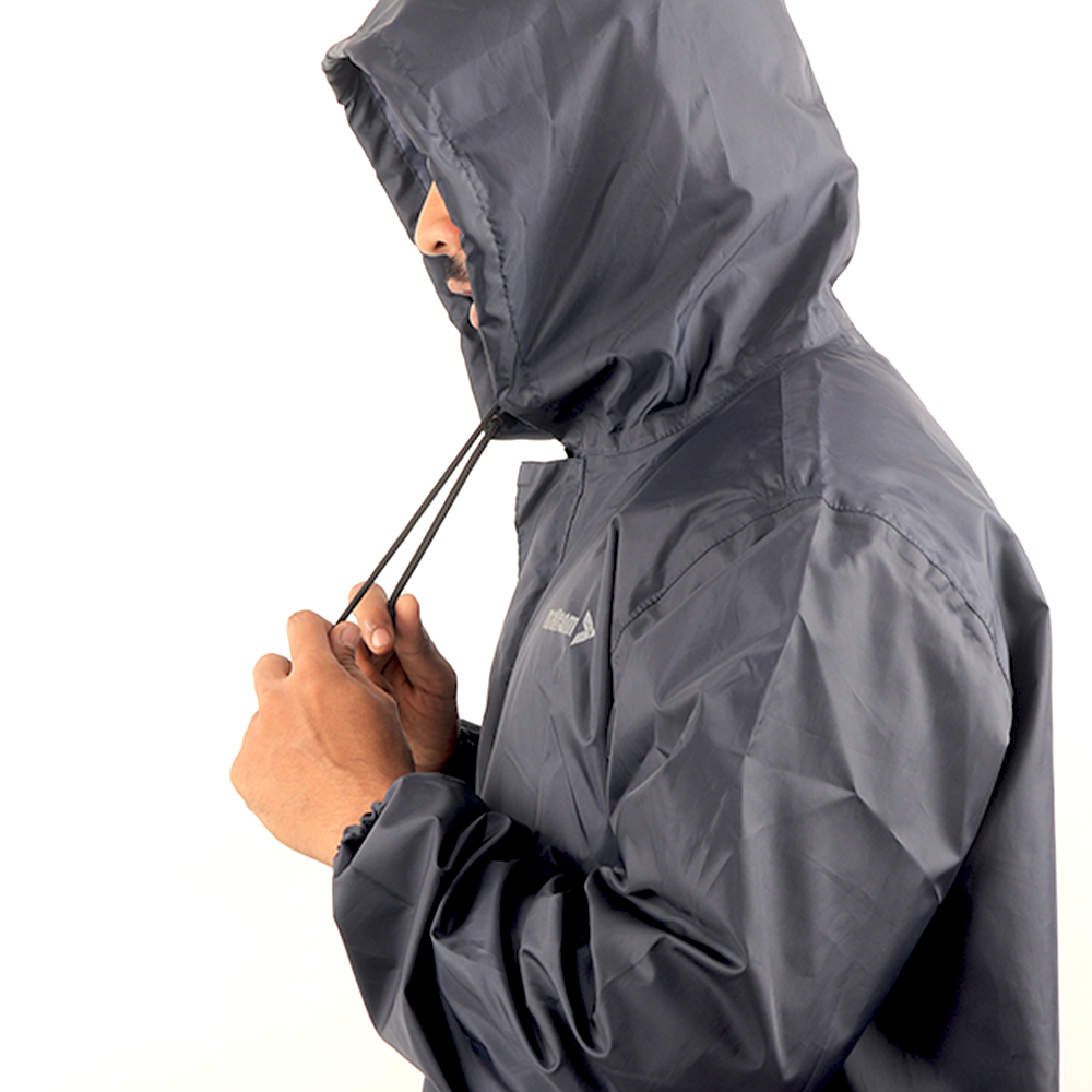 Side view of the adjustable hood on the navy blue NIMBUS rainwear jacket.