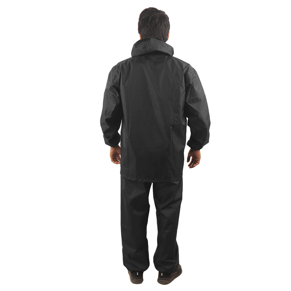 Back view of the black NIMBUS rainwear suit showcasing reflective detailing and waterproof construction.