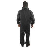 Back view of the black NIMBUS rainwear suit showcasing reflective detailing and waterproof construction.