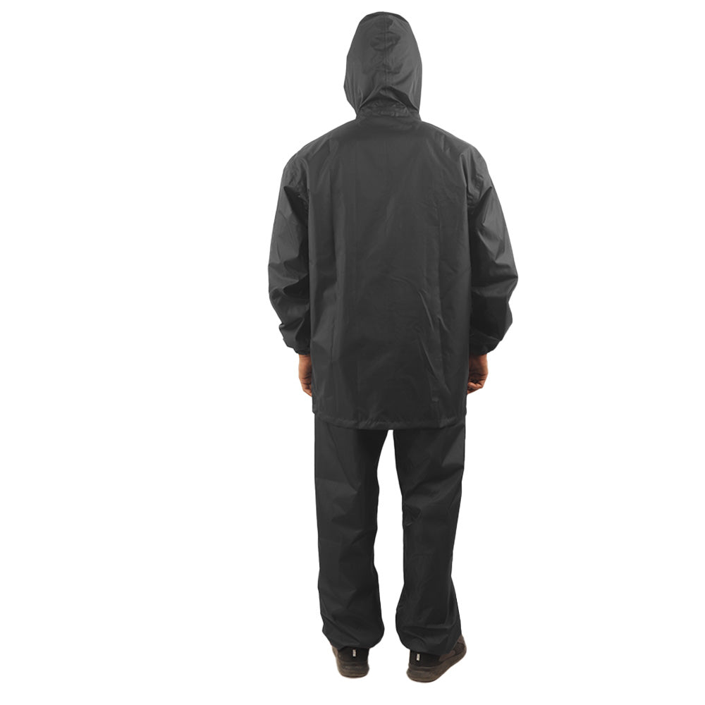 Back view of the hood on the black NIMBUS rainwear jacket showing protective coverage and design.