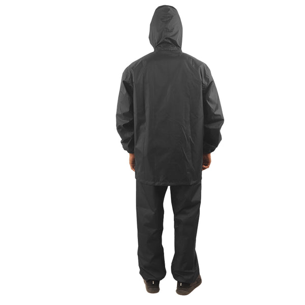 Back view of the hood on the black NIMBUS rainwear jacket showing protective coverage and design.