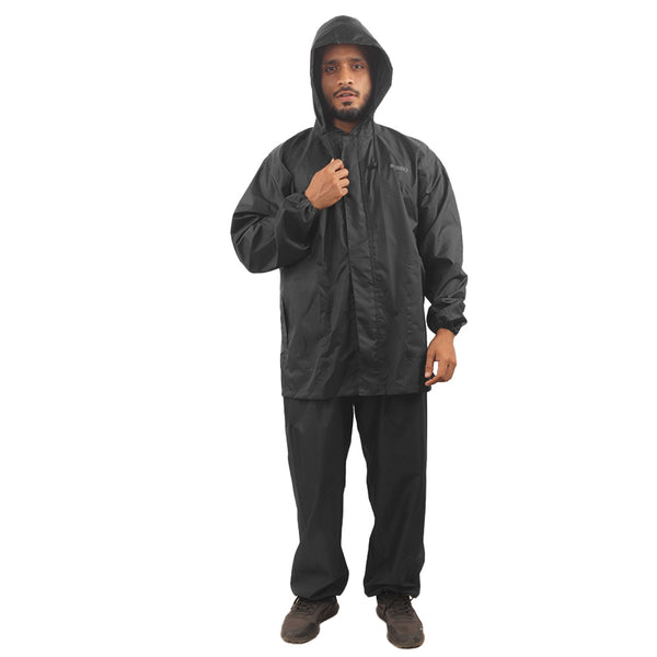 Front view of the adjustable hood on the black NIMBUS rainwear jacket.