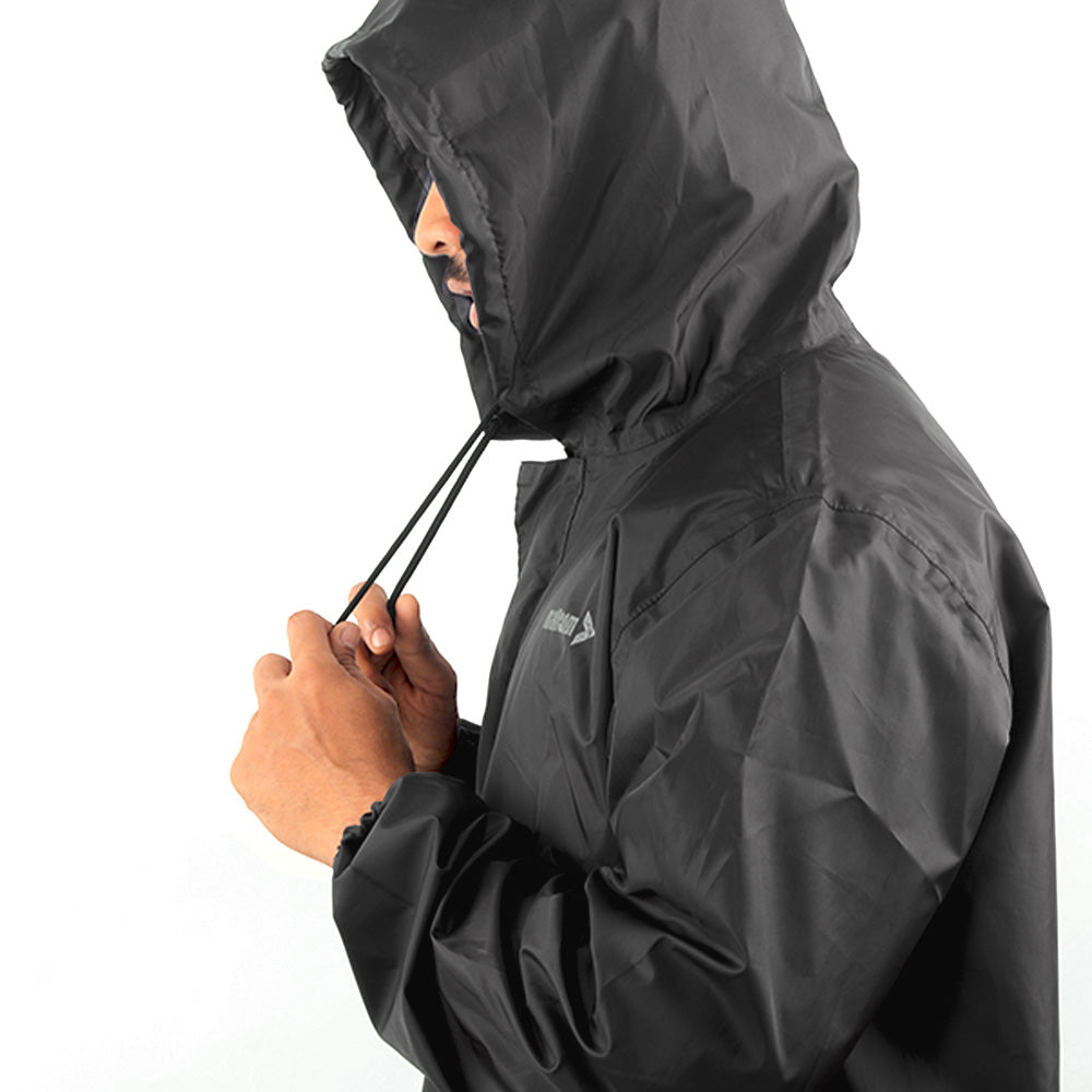 Side view of the adjustable hood on the black NIMBUS rainwear jacket.