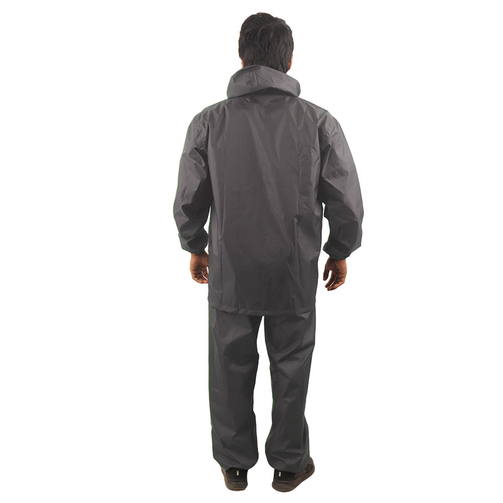 Back view of the grey NIMBUS rainwear suit showcasing reflective detailing and waterproof construction.