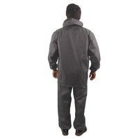Back view of the grey NIMBUS rainwear suit showcasing reflective detailing and waterproof construction.