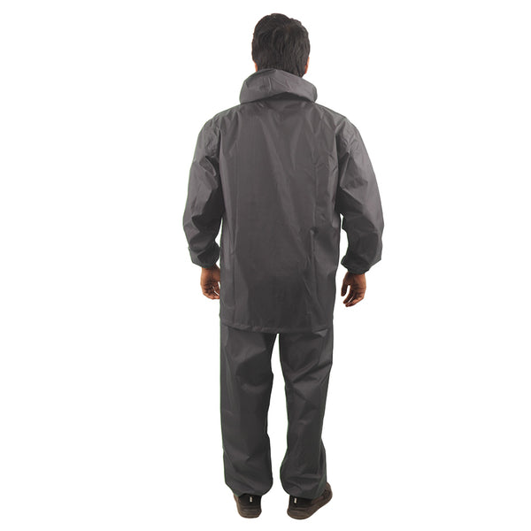 Back view of the grey NIMBUS rainwear suit showcasing reflective detailing and waterproof construction.