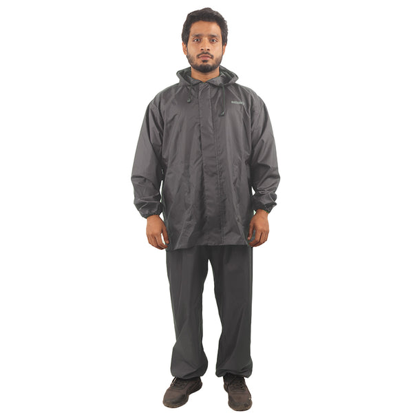 Front view of the grey NIMBUS rainwear suit featuring a waterproof jacket, utility pockets, and secure front closure.