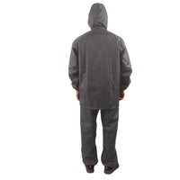 Back view of the hood on the grey NIMBUS rainwear jacket showing protective coverage and design.