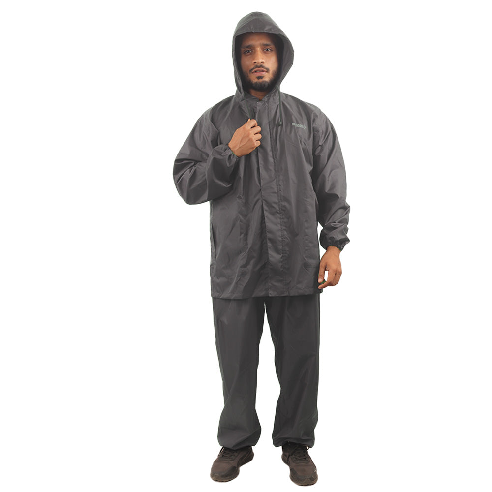 Front view of the adjustable hood on the grey NIMBUS rainwear jacket.