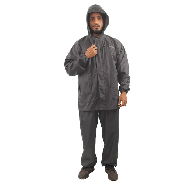 Front view of the adjustable hood on the grey NIMBUS rainwear jacket.