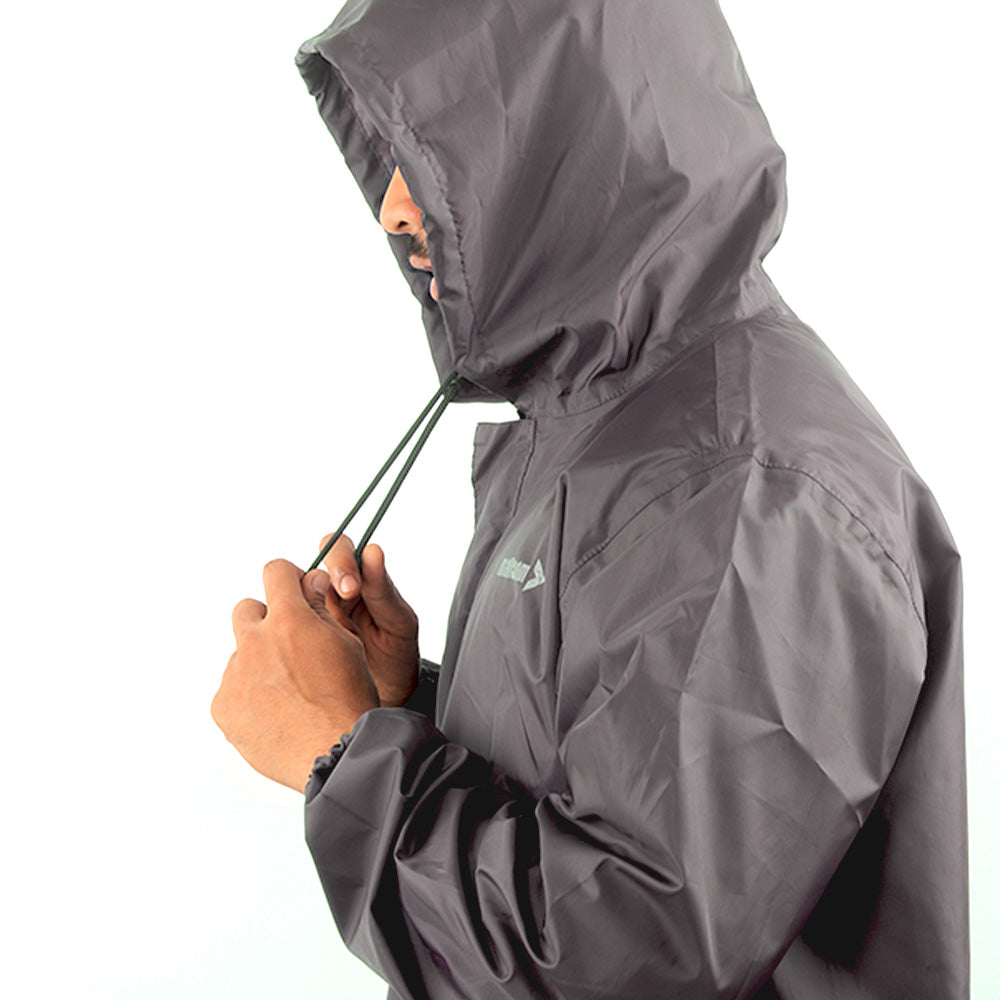 Side view of the adjustable hood on the grey NIMBUS rainwear jacket.