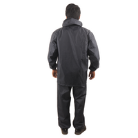 Back view of the navy NIMBUS rainwear suit showcasing reflective detailing and waterproof construction.