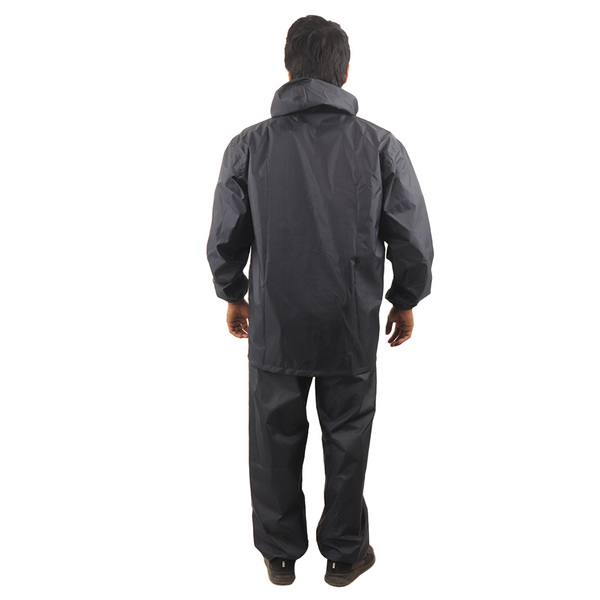 Back view of the navy NIMBUS rainwear suit showcasing reflective detailing and waterproof construction.