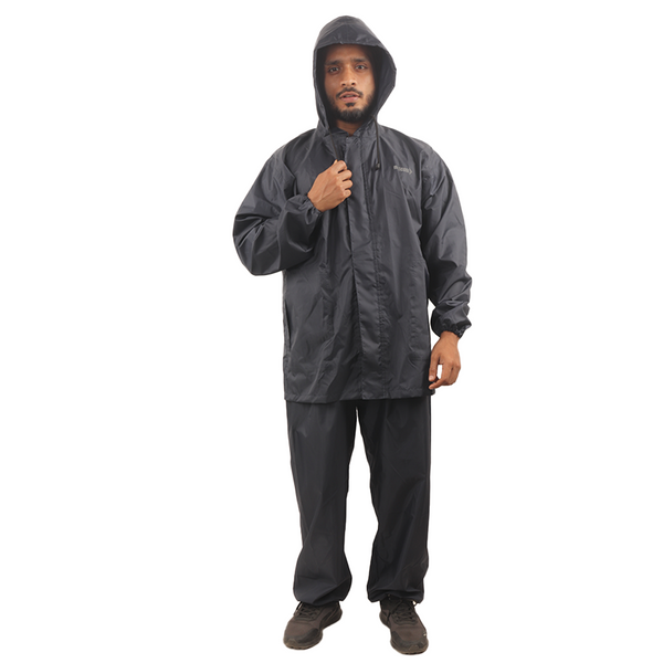 Front view of the navy blue NIMBUS rainwear suit featuring a waterproof jacket, utility pockets, and secure front closure.