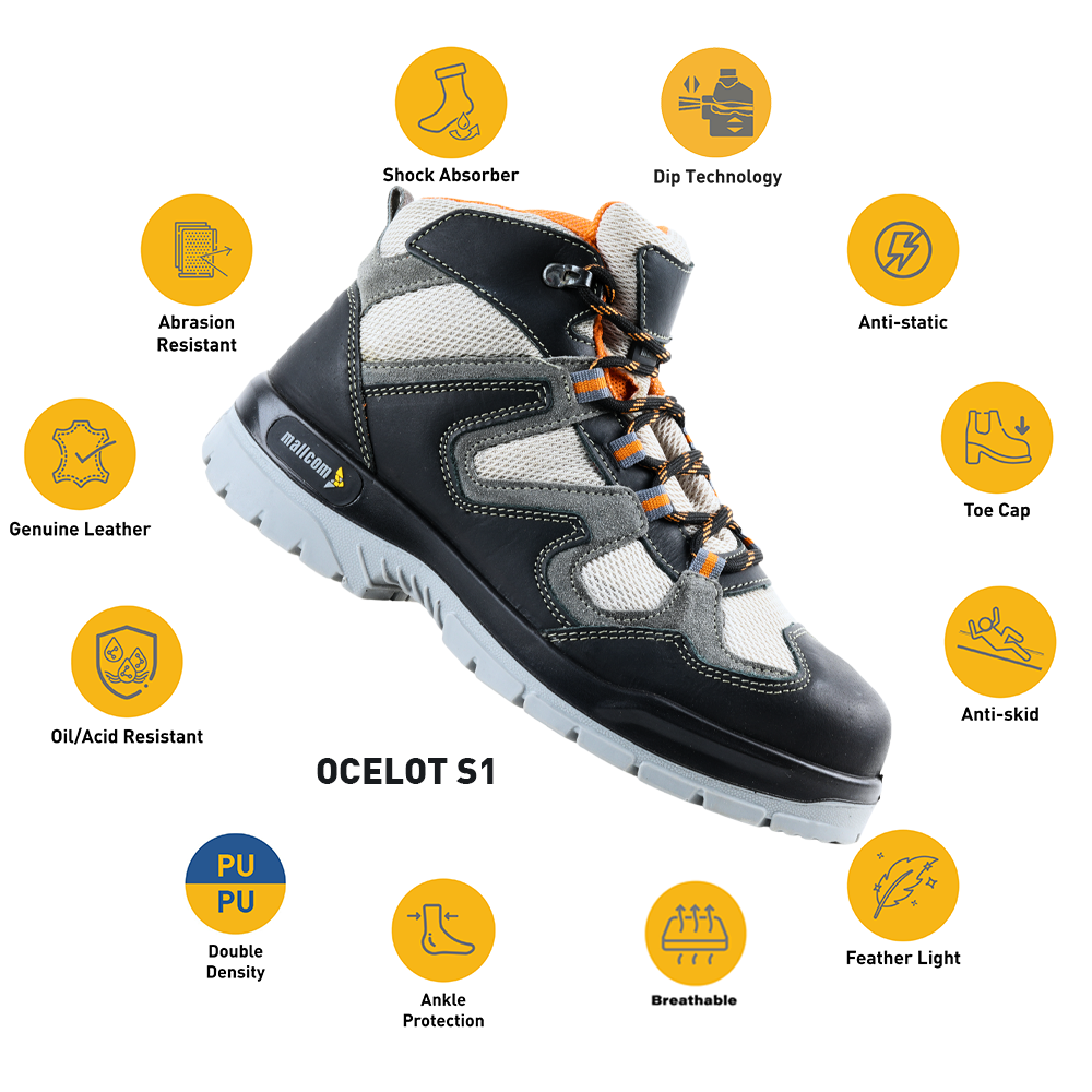High Ankle safety shoe with annotated features including steel toe, leather upper, and PU sole.