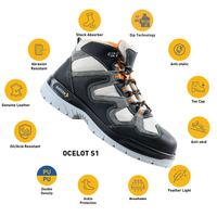 High Ankle safety shoe with annotated features including steel toe, leather upper, and PU sole.