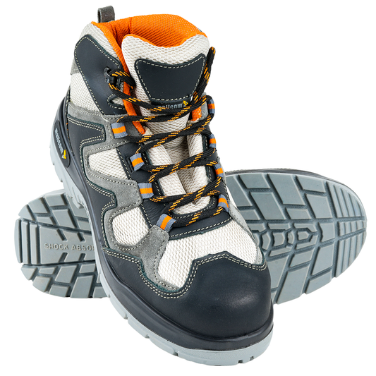 A pair of OCELOT work safety shoes with a steel toe and orange mesh lining, featuring a combination of black, gray, and orange colors.