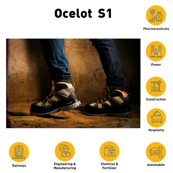 Ocelot safety shoes used in industrial, manufacturing, and workplace environments for protection and comfort.