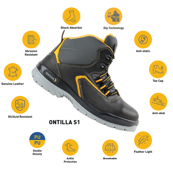 Ontilla high ankle safety shoes with highlighted safety, comfort, and durability features