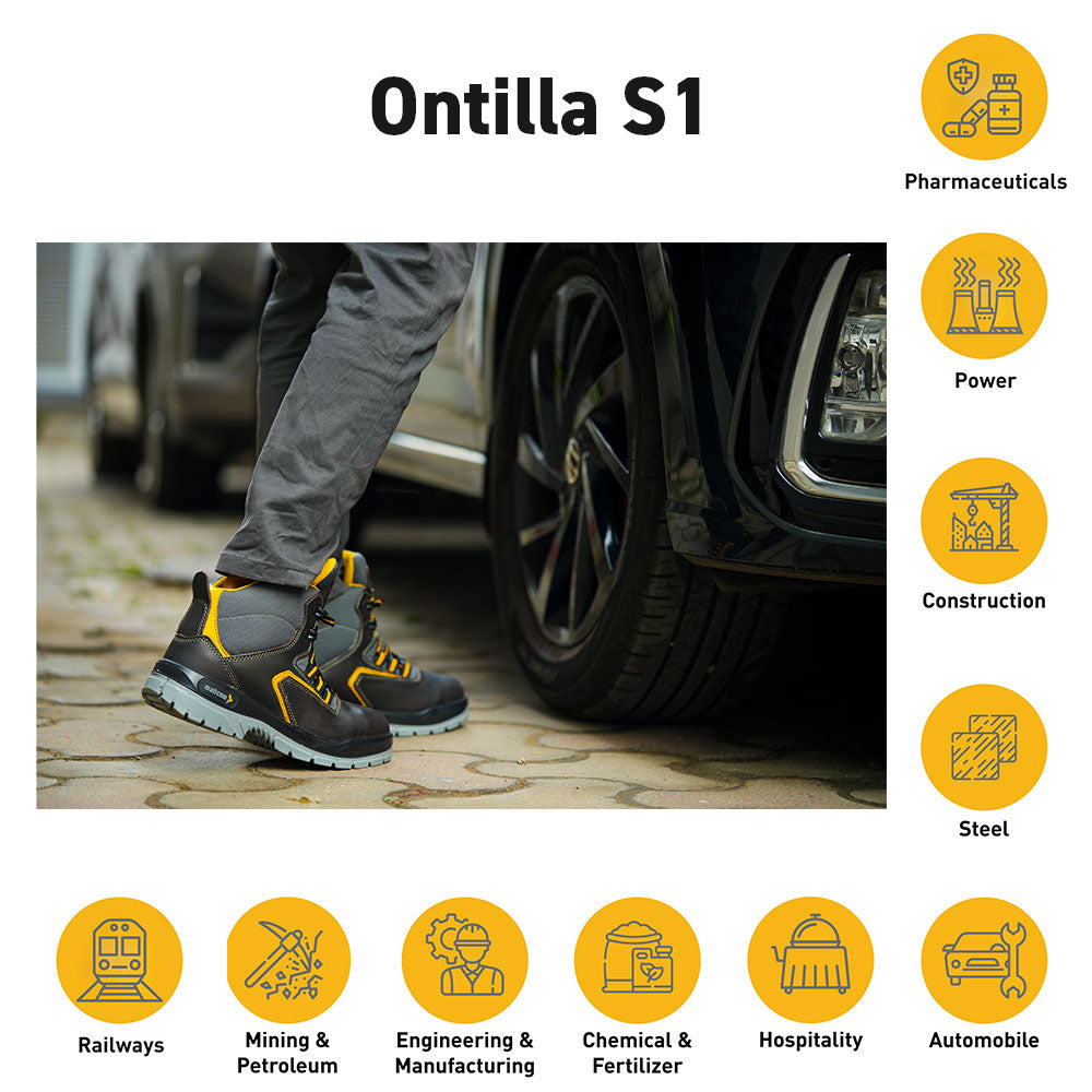 Ontilla high ankle safety shoes used in construction, manufacturing, warehousing, and industrial work environments.