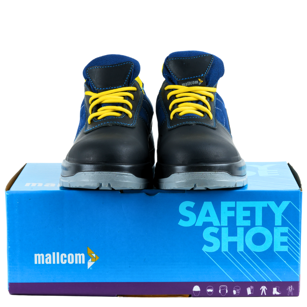 Blue and black steel toe safety shoe displayed on top of its packaging box.